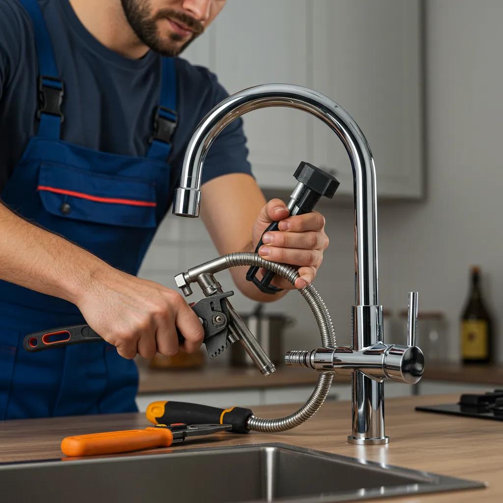 Professional plumber installing a modern kitchen faucet in a well-lit kitchen