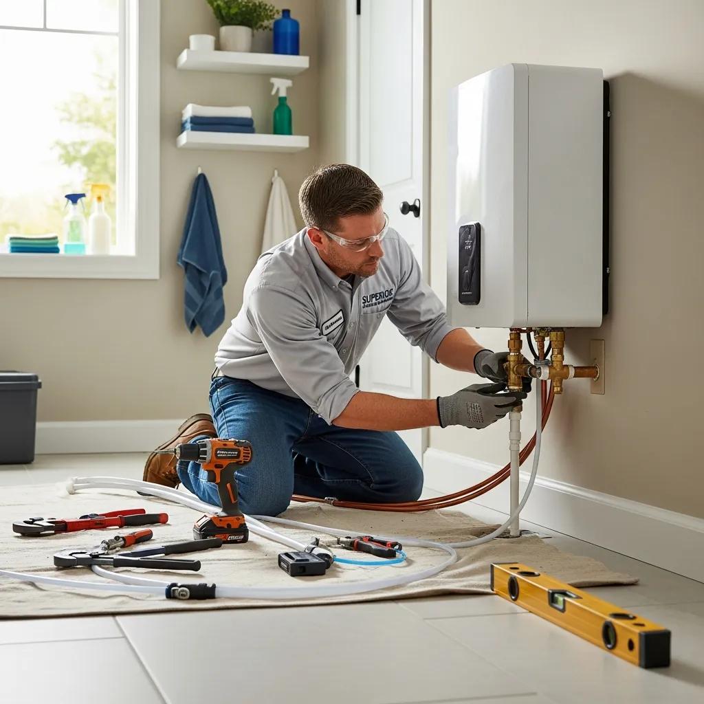 Technician installing a tankless water heater, illustrating the professional installation process in a residential setting
