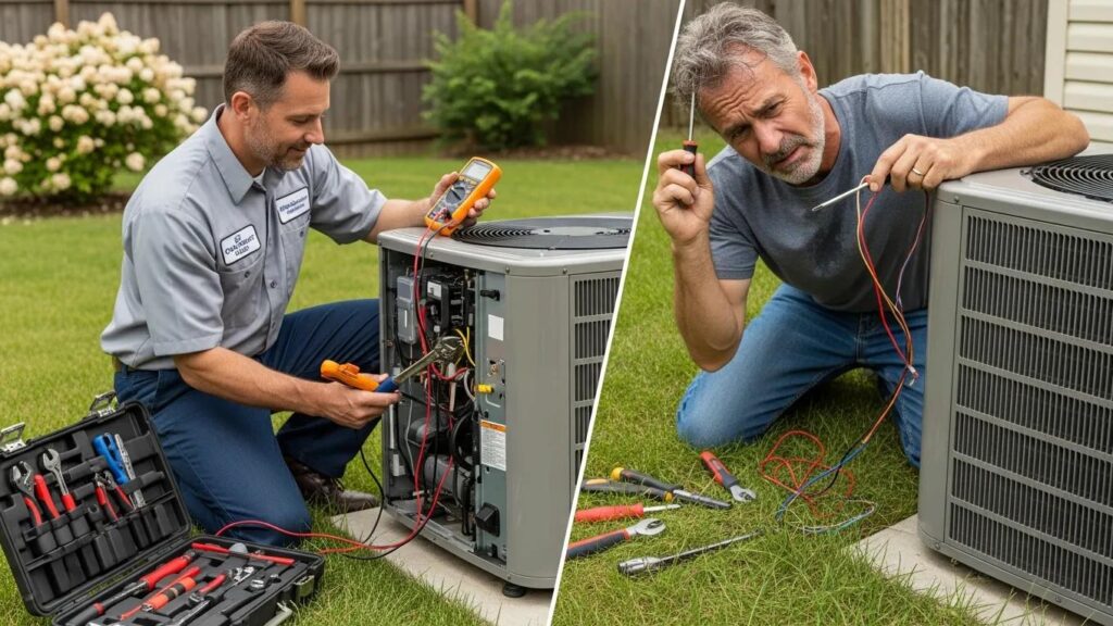 Professional HVAC technician assisting a homeowner with AC maintenance, showcasing the value of expert care