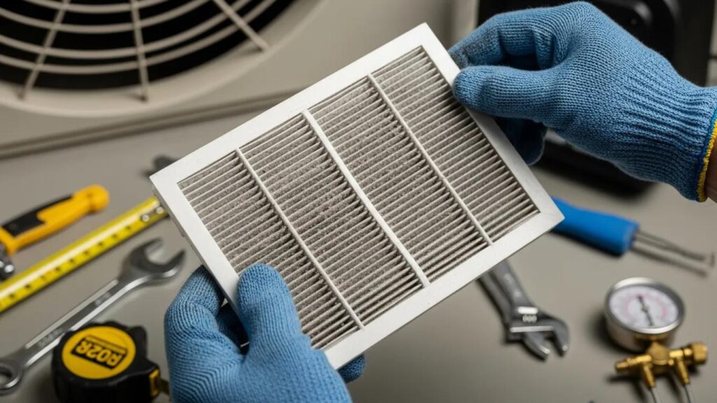 Technician inspecting an air conditioning filter, highlighting key components for seasonal maintenance